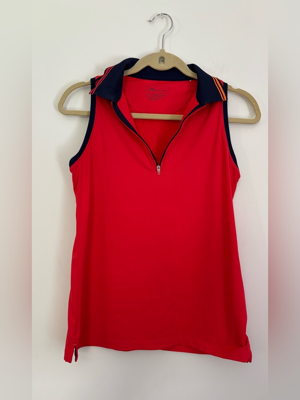 Peter Millar Red Sleeveless Polo Zip-Up Top with Navy Trim